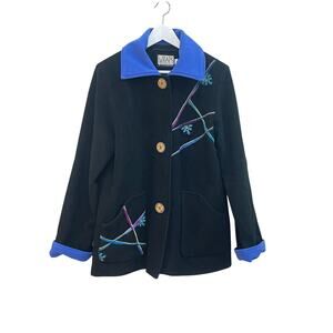 Vintage Wraps by CANVASBACKS Black Wool Blend Abstract Art to Wear Jacket Size S